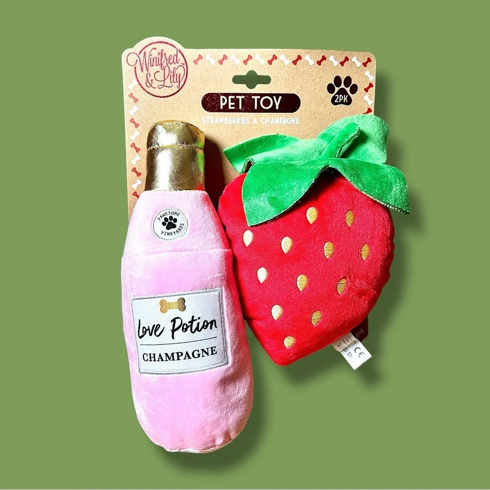 Winifred & Lily Love Potion Champagne Strawberry Plush Squeaker Pet Dog Toy